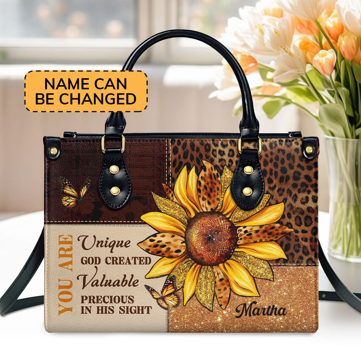 Personalized Zippered Leather Handbag With Handle | Religious Gift For Worship Friends | You Are God Created LHBM760