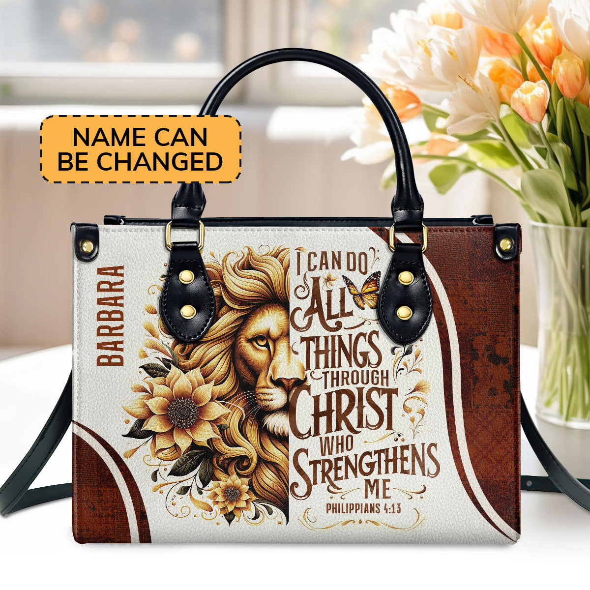 Personalized Zippered Leather Handbag With Handle | Religious Gift For Worship Friends | I Can Do All Things LHBM758