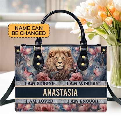 Personalized Leather Handbag With Zipper | I Am Strong LHBM752