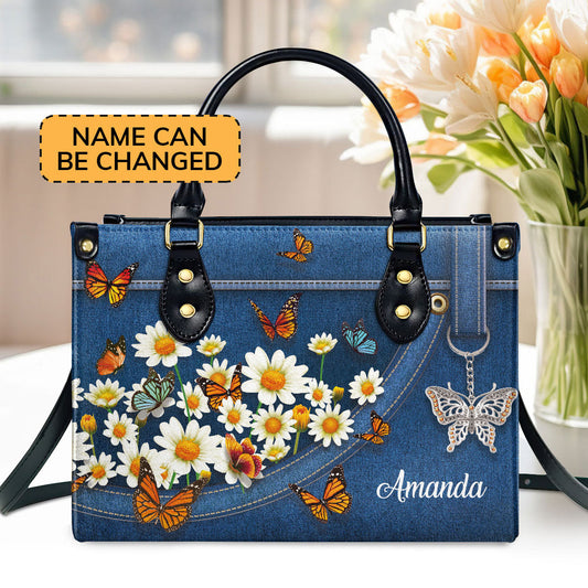 Stunning Daisy And Butterfly Leather Handbag HM422