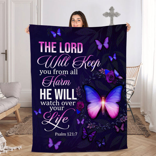 Butterfly And Cross | The Lord Will Keep You From All Harm | Psalm 121:7 | Fleece Blanket FBM639