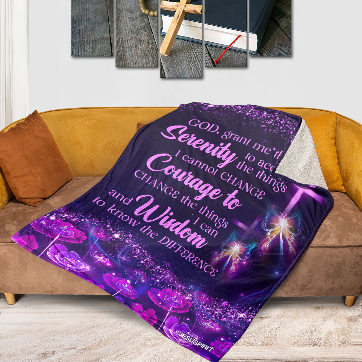 God, Grant Me The Serenity To Accept The Things I Cannot Change | Cross Fleece Blanket | Flower And Butterfly FBHN628