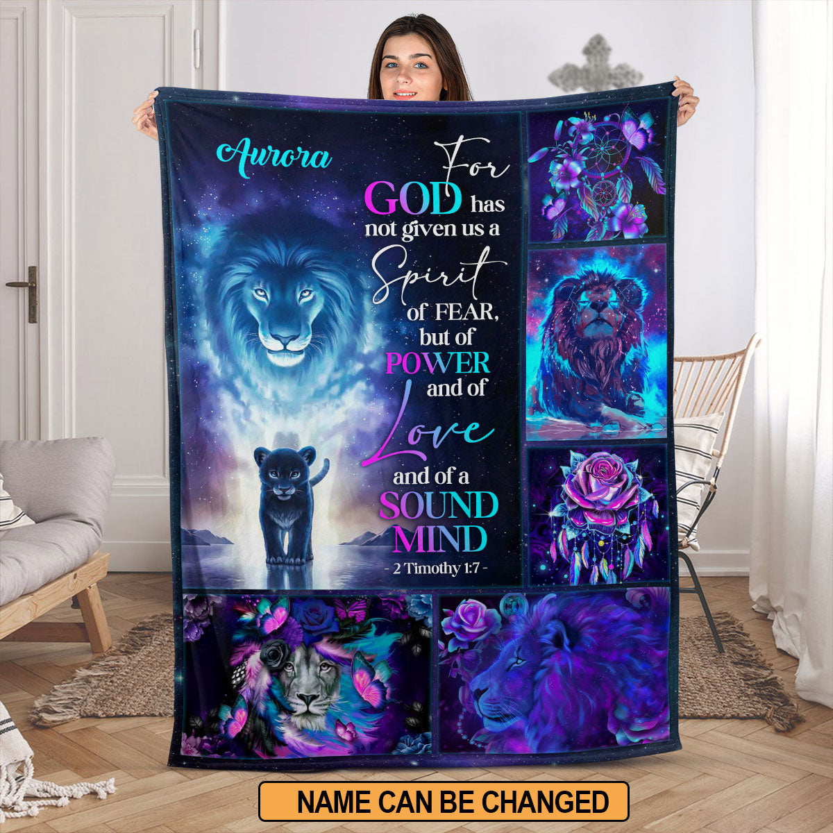 Power Love And Soul Mind | 2 Timothy 1:7 | Lion And Rose | Gorgeous Personalized Fleece Blanket FBH615