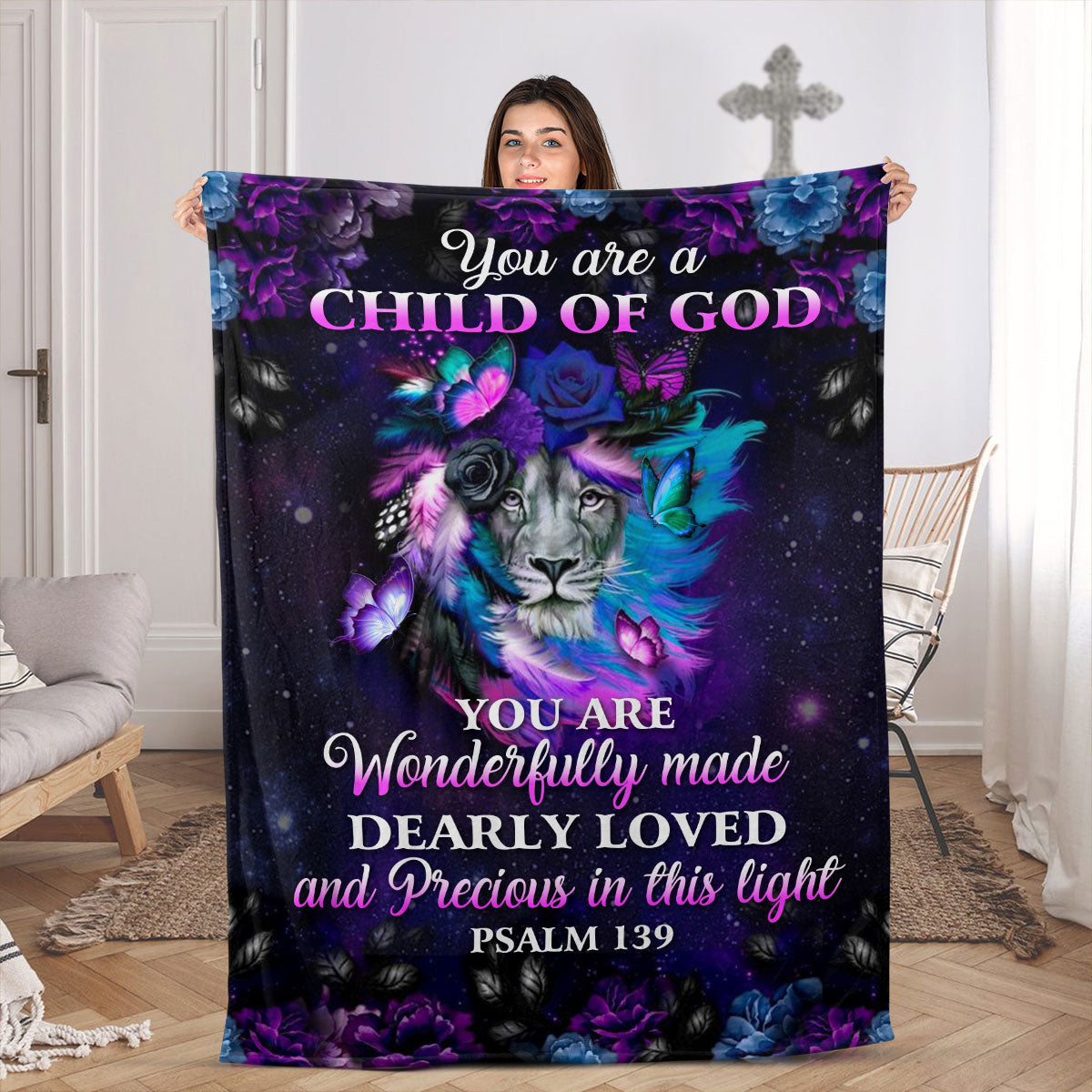 You Are A Child Of God | Psalm 139 | Fleece Blanket | Lion And Butterfly | Religious Gift For Christians FBH601