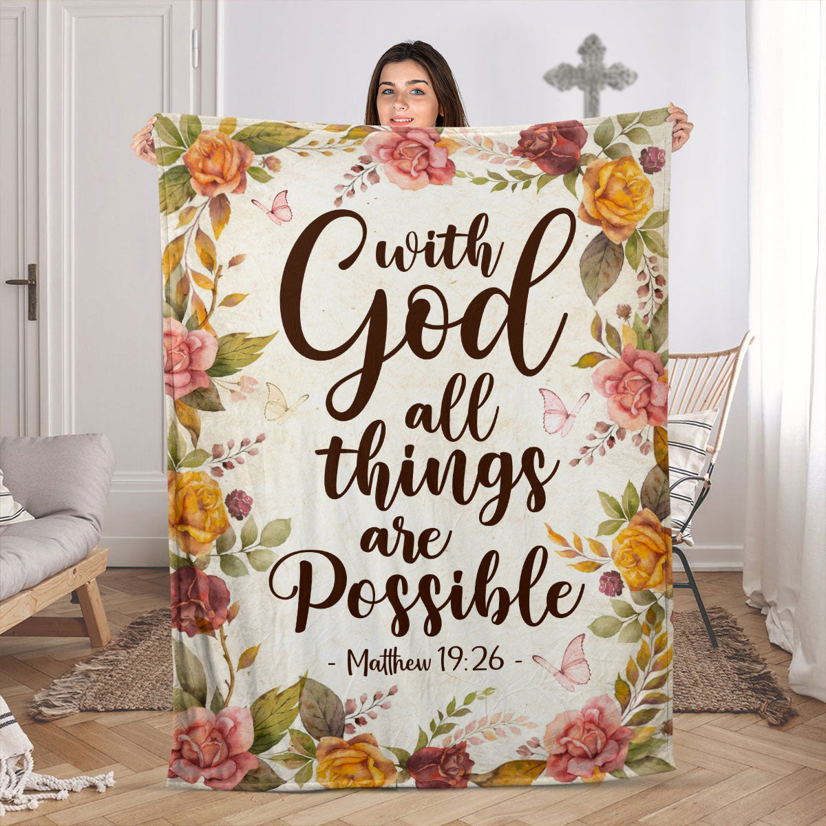 Matthew 19:26 | Rose And Butterfly | With God All Things Are Possible | Fleece Blanket FBH617