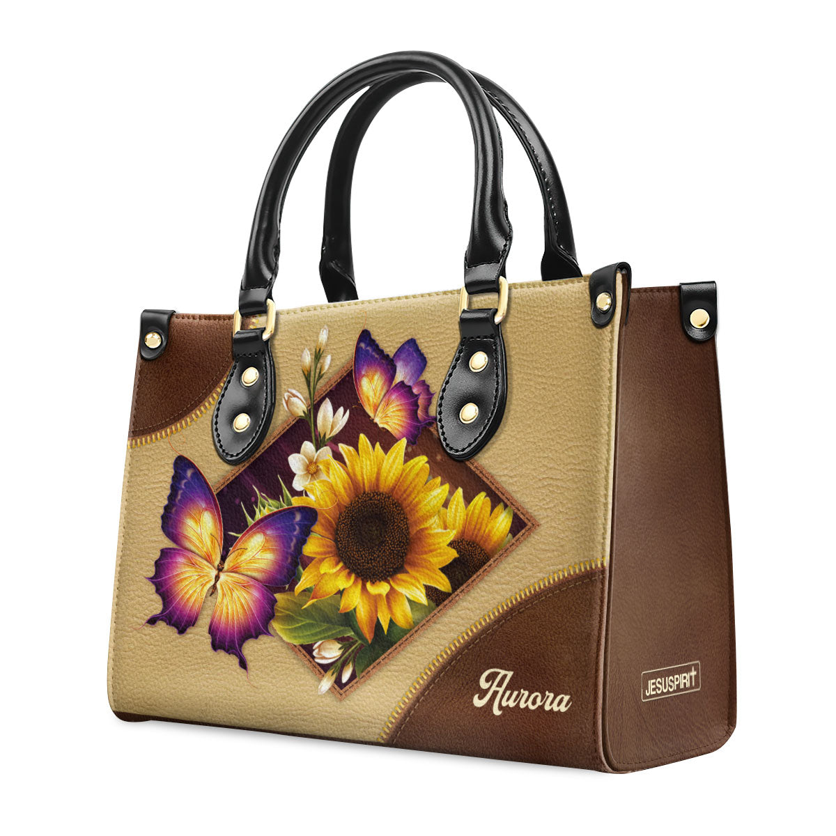 Pretty Personalized Sunflower And Butterfly Leather Handbag I04