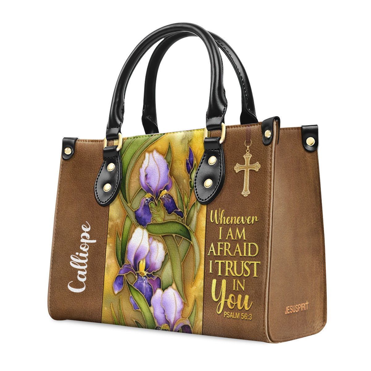 Flower And Cross | Whenever I Am Afraid, I Trust In You | Psalm 56:3 | Personalized Leather Handbag LHBH602