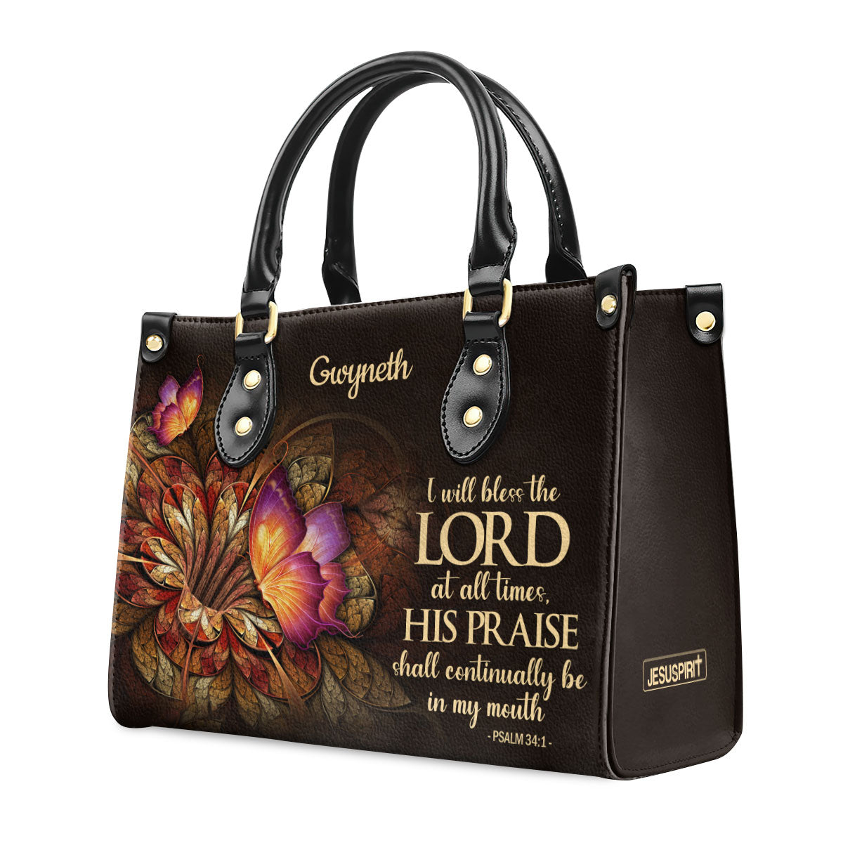 Lifegifty Personalized Leather Handbag With Handle | Flower & Butterfly | Psalm 34:1 | I Will Bless The Lord At All Times LHBH605