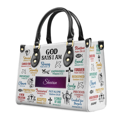 Personalized Leather Handbag With Handle | God Says I Am | Scripture Gifts For Christian Women LHBH742C