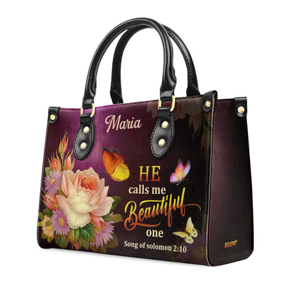 Personalized Leather Handbag With Handle | Solomon 2:10 | Flower And Butterfly | He Calls Me Beautiful One LHBMM676