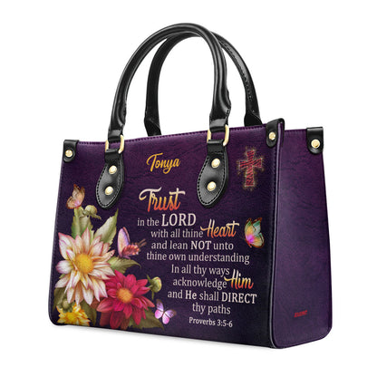 Proverbs 3:5-6 | Trust In The Lord With All Thine Heart | Flower And Cross | Personalized Leather Handbag LHBM677