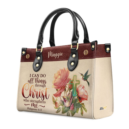 Personalized Leather Handbag | I Can Do All Things Through Christ | Philippians 4:13 | Humming Bird And Cross LHBM681