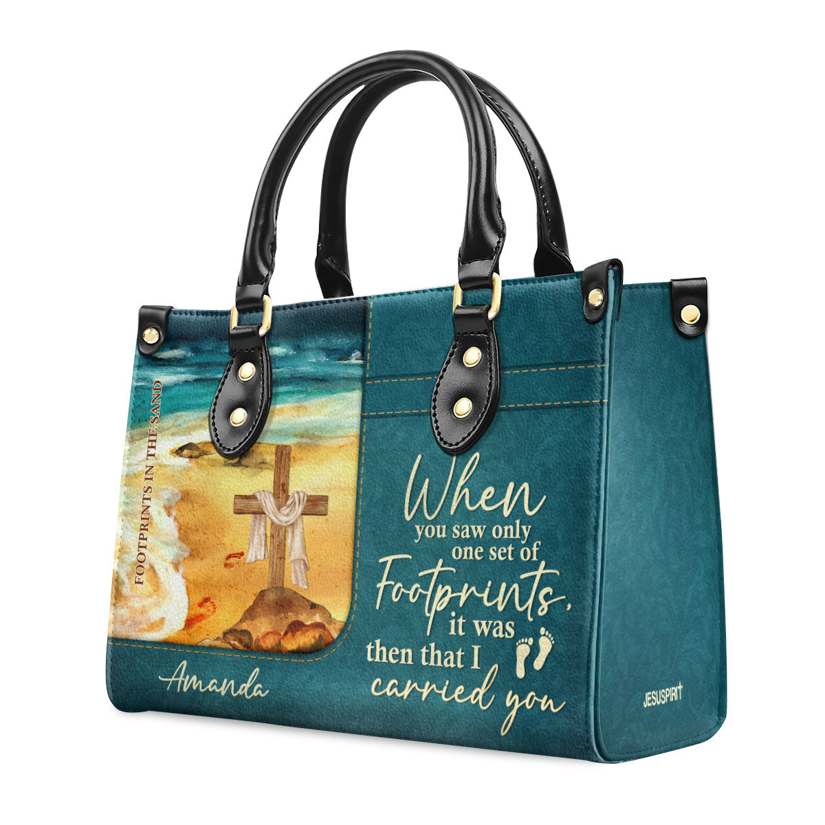 Personalized Leather Handbag With Long Strap | Footprints In The Sand | Special Gift For Christian Ladies LHBNUHN490