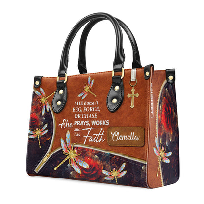 She Prays, Works, And Has Faith - Pretty Personalized Dragonfly Leather Handbag NUH274