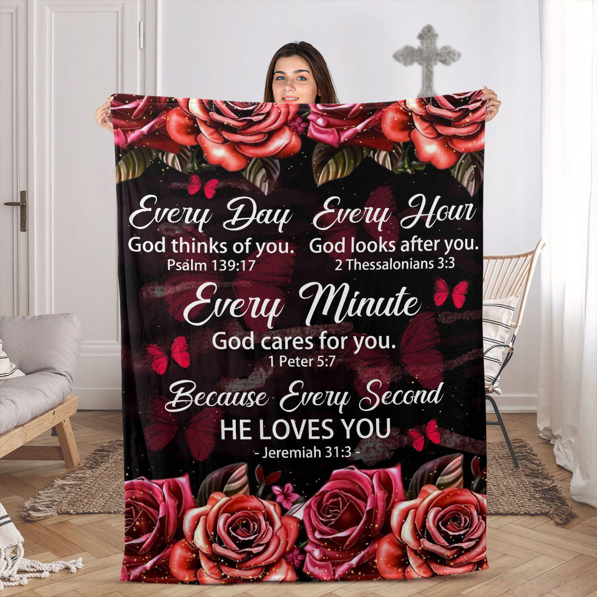 Every Hour God Looks After You | Rose And Butterfly | Gorgeous Fleece Blanket For Christians FBHN602