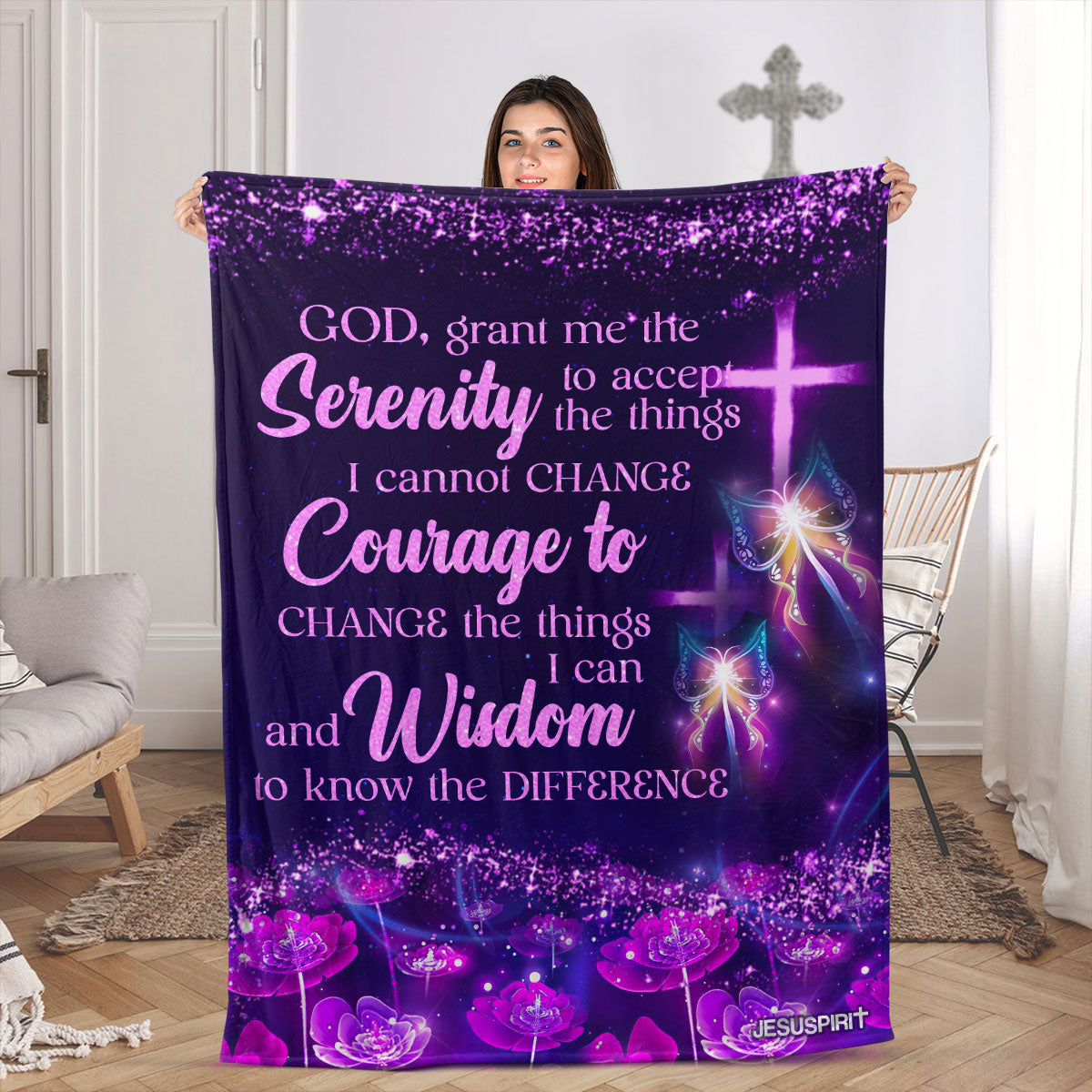 God, Grant Me The Serenity To Accept The Things I Cannot Change | Cross Fleece Blanket | Flower And Butterfly FBHN628