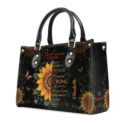 Personalized Leather Handbag With Zipper | Sunflower God Says You Are LHBM723