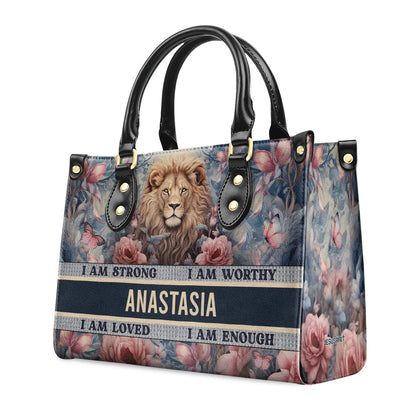 Personalized Leather Handbag With Zipper | I Am Strong LHBM752