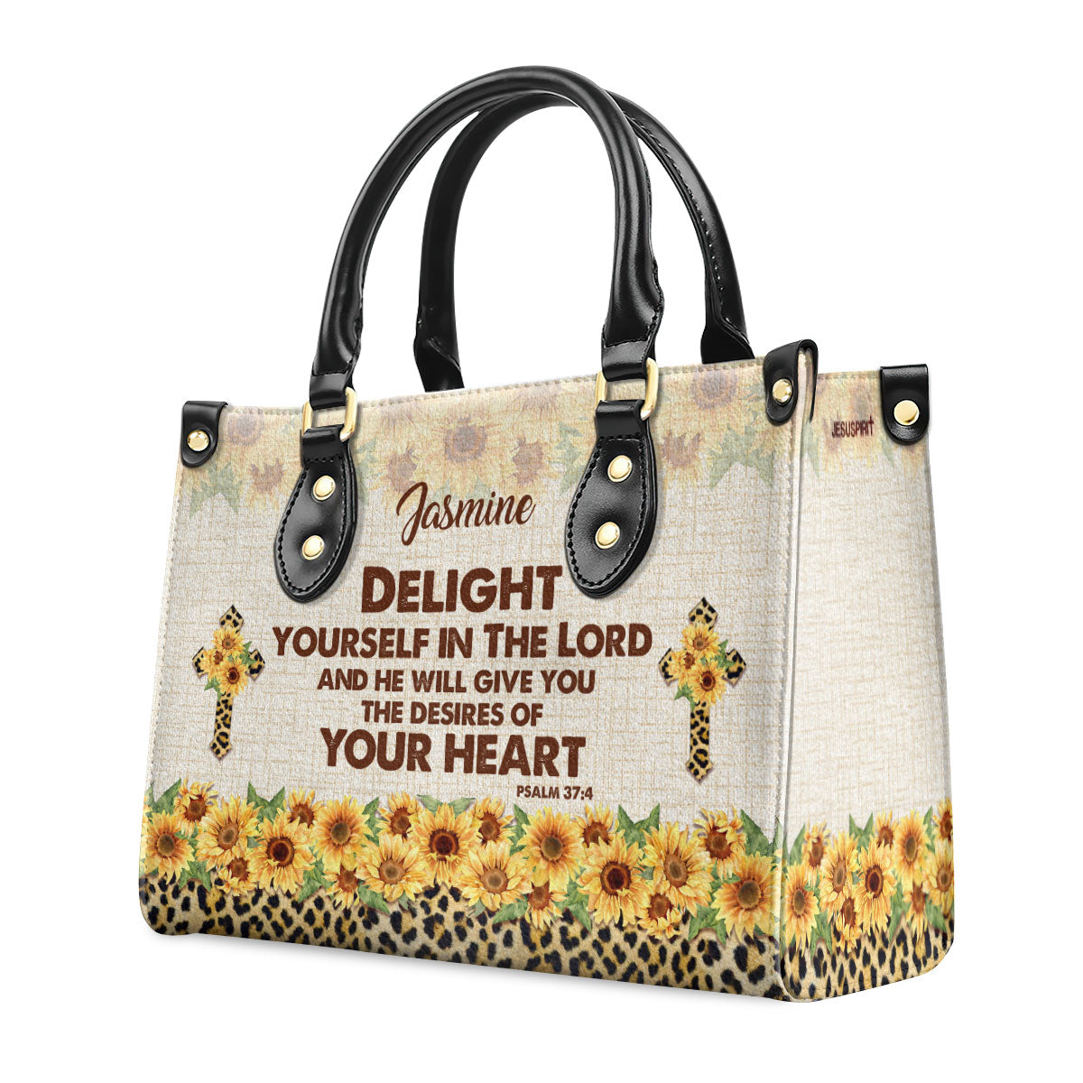 Personalized Leather Handbag With Handle | Delight Yourself In The Lord | Psalm 37:4 | Sunflower And Cross HN152