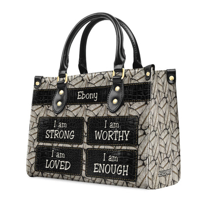 Personalized Leather Handbag With Zipper | I Am Strong LHBHN682