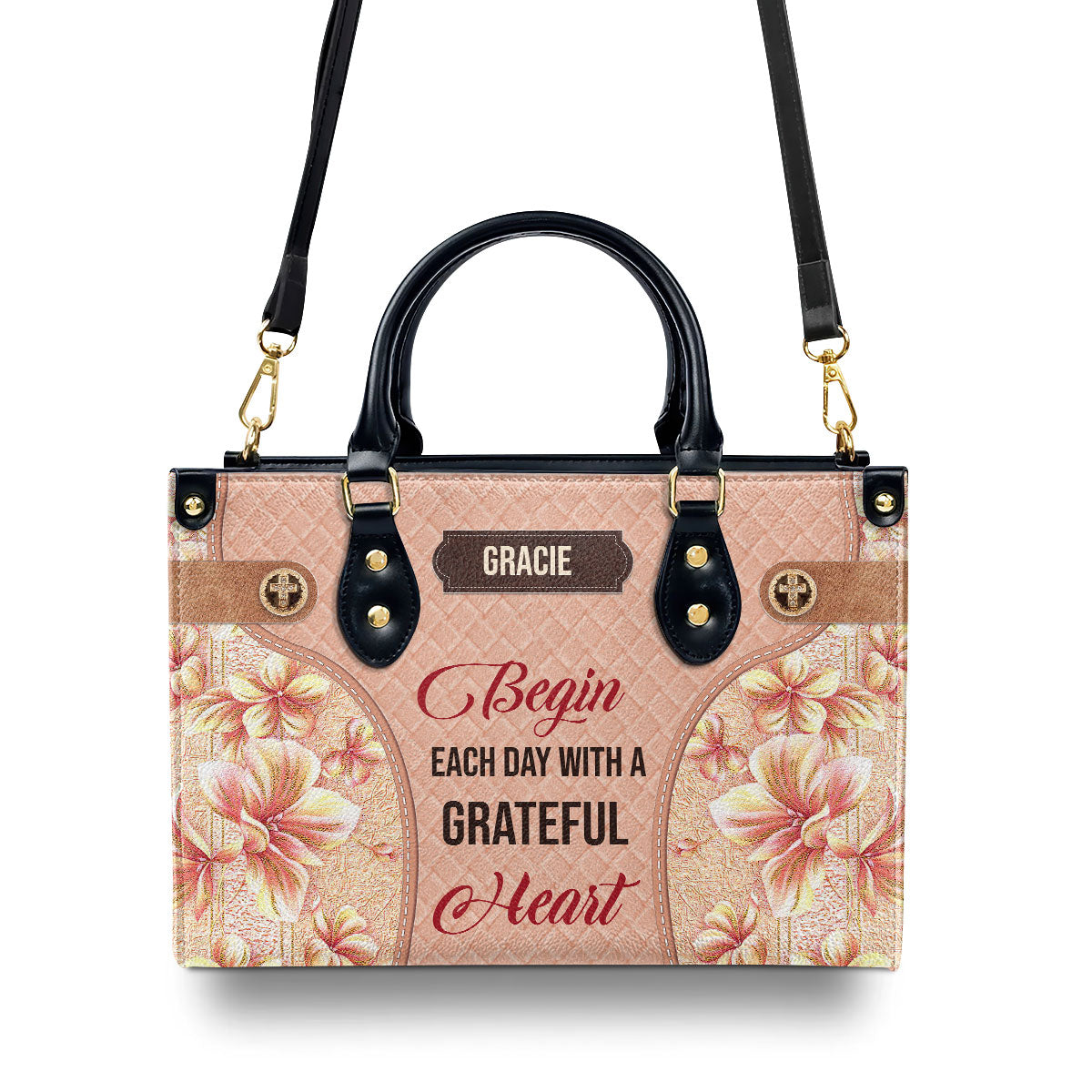 Lovely Personalized Flower Leather Handbag - Begin Each Day With A Grateful Heart HIM296