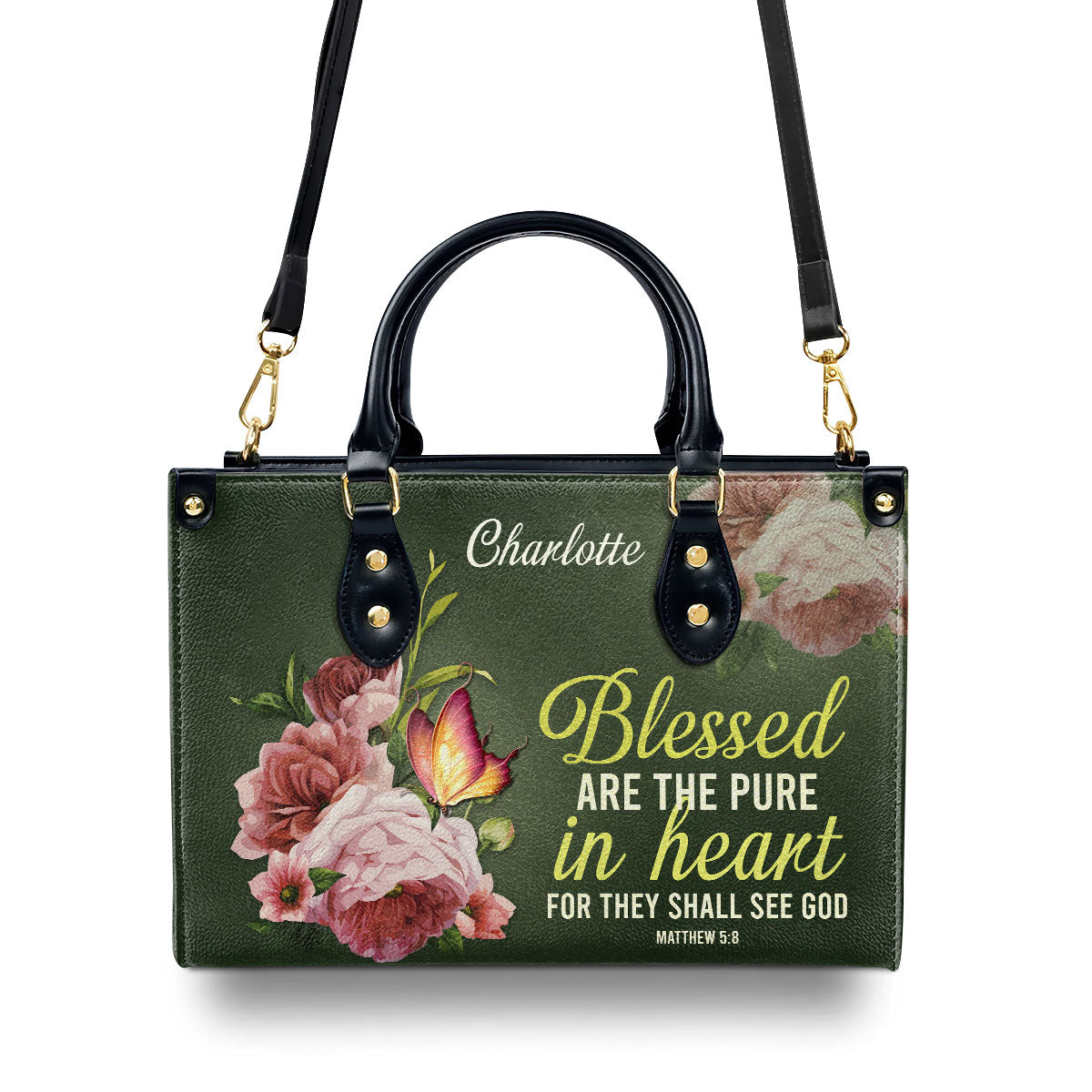 Christian Gifts For Women | Personalized Peony Leather Handbag With Handle | Blessed Are The Pure In Heart | Matthew 5:8 LHBHN676