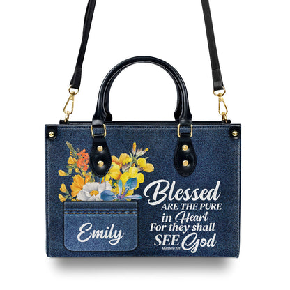 Personalized Leather Handbag With Handle | Blessed Are The Pure In Heart | Matthew 5:8 | Spiritual Gifts For Christian Women LHBHN677