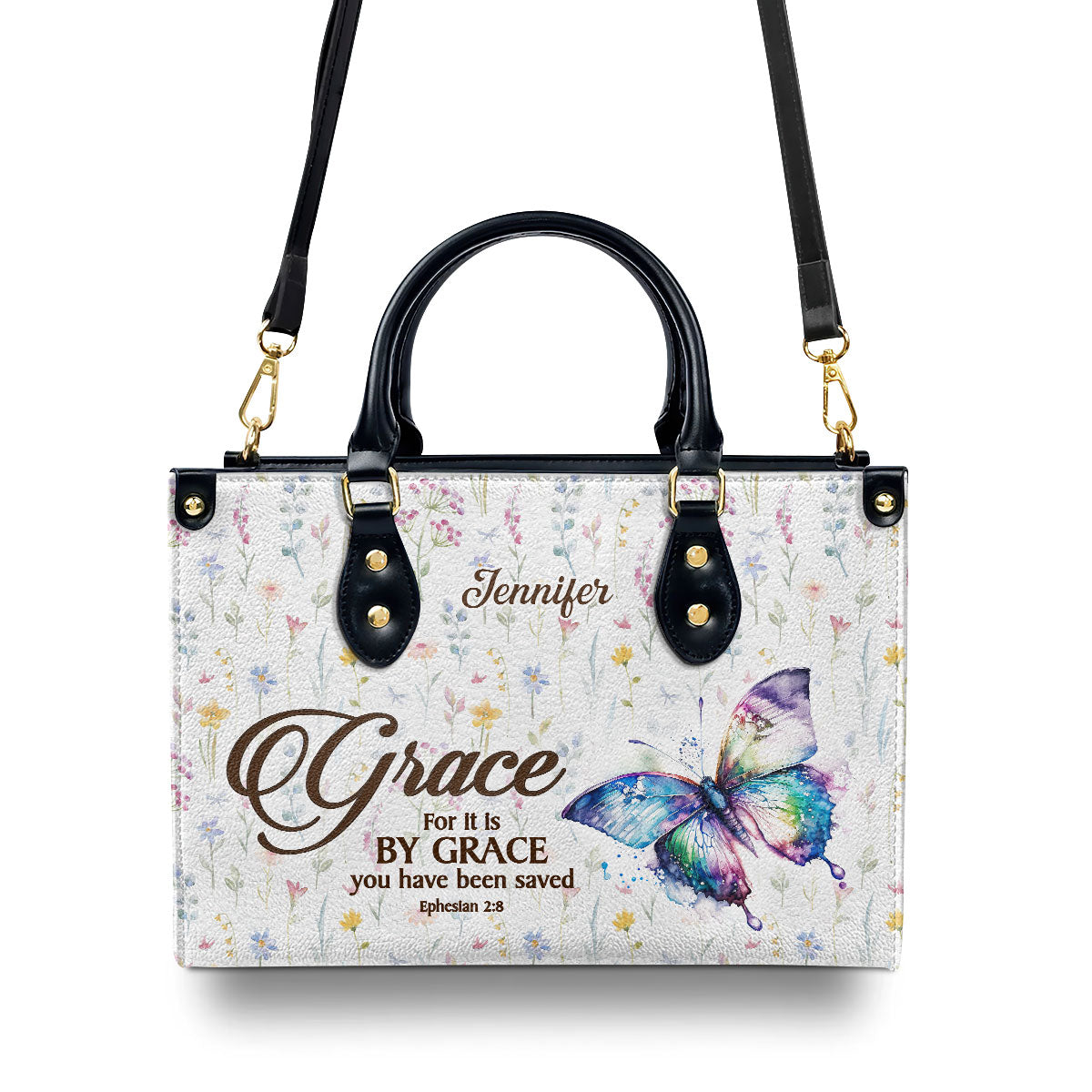 For It Is By Grace You Have Been Saved | Ephesians 2:8 | Worship Gift For Spiritual Friends | Personalized Leather Handbag With Handle LHBHN808