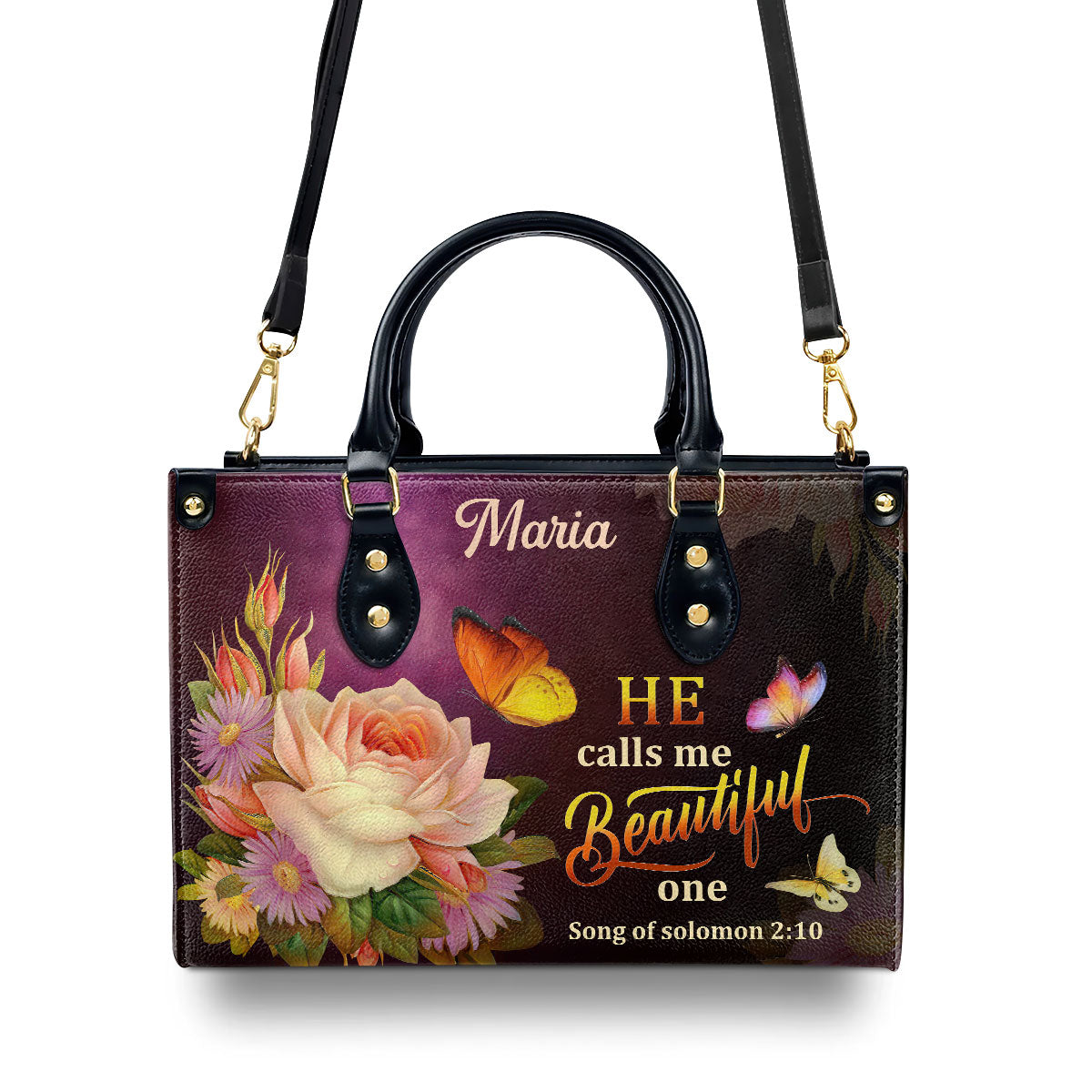 Personalized Leather Handbag With Handle | Solomon 2:10 | Flower And Butterfly | He Calls Me Beautiful One LHBMM676