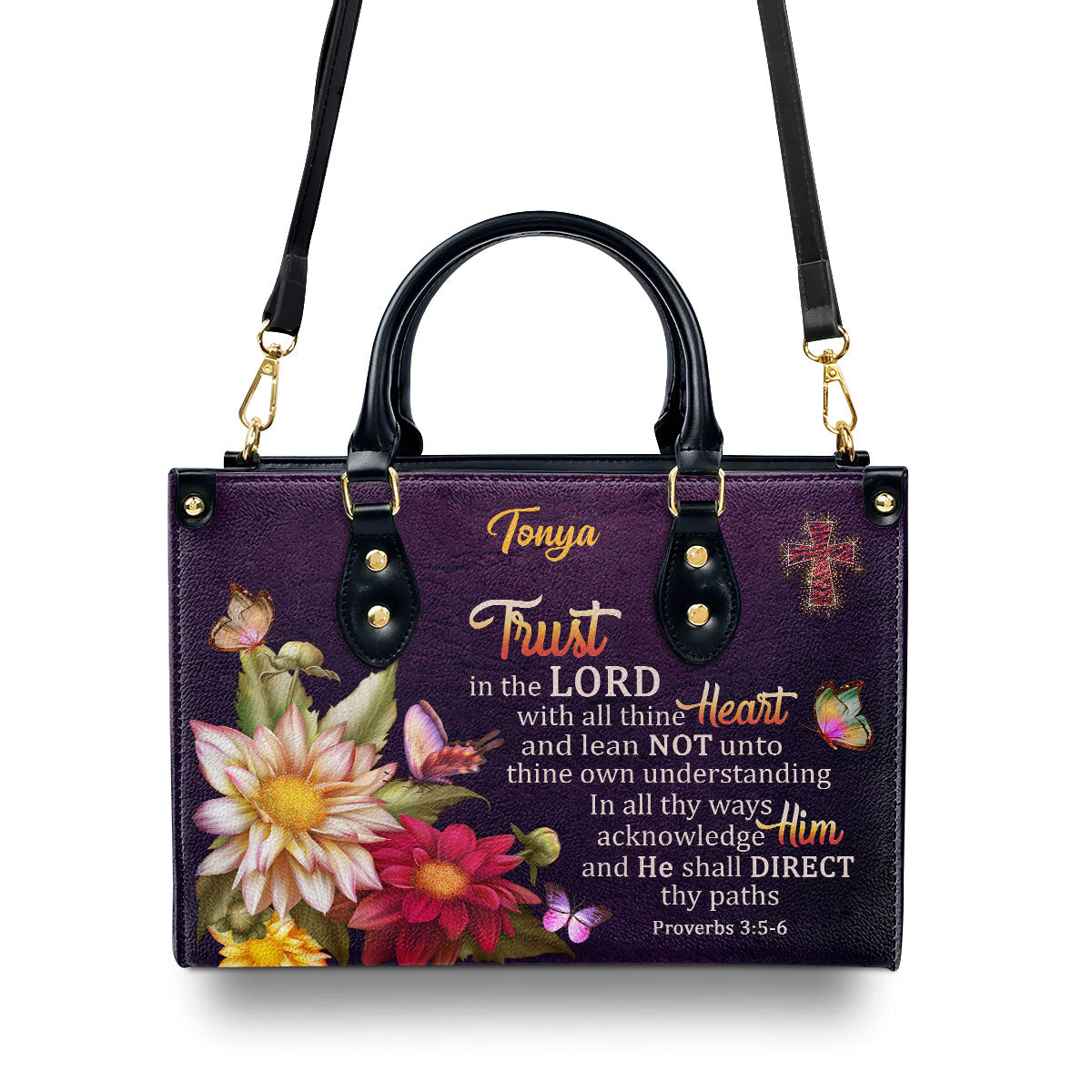 Proverbs 3:5-6 | Trust In The Lord With All Thine Heart | Flower And Cross | Personalized Leather Handbag LHBM677