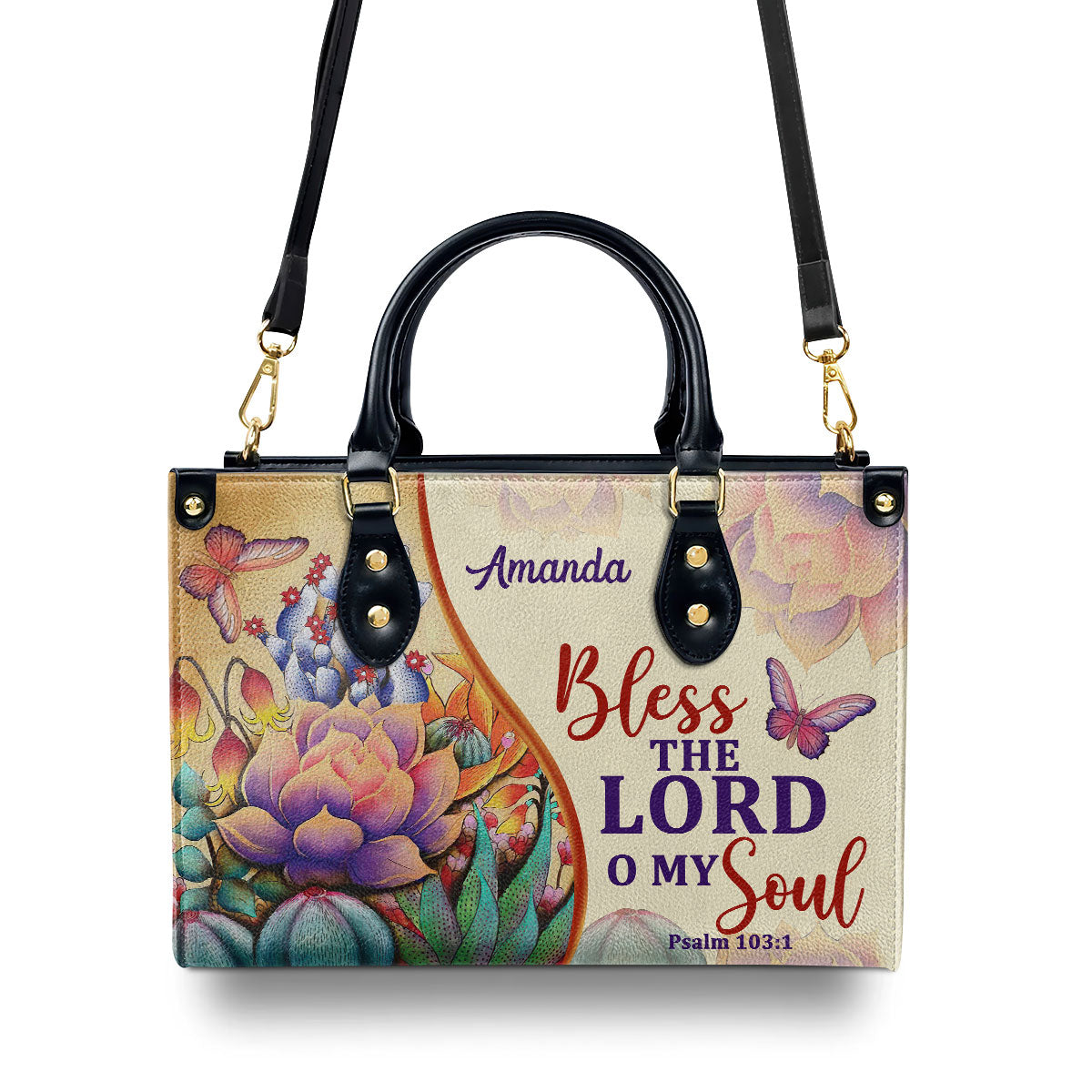 Bless The Lord O My Soul | Psalm 103:1 | Personalized Leather Handbag With Handle | Flower And Butterfly LHBM678