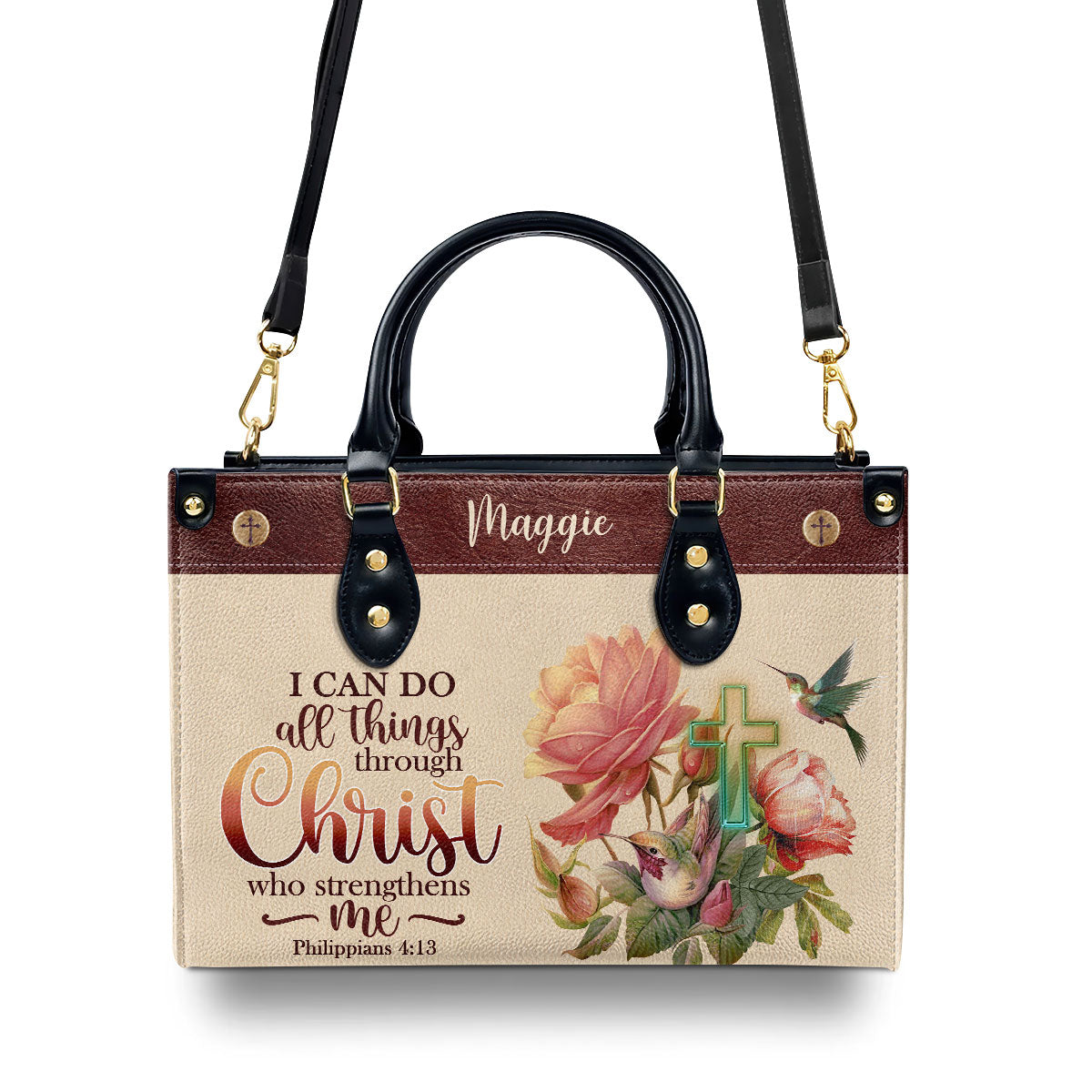 Personalized Leather Handbag | I Can Do All Things Through Christ | Philippians 4:13 | Humming Bird And Cross LHBM681