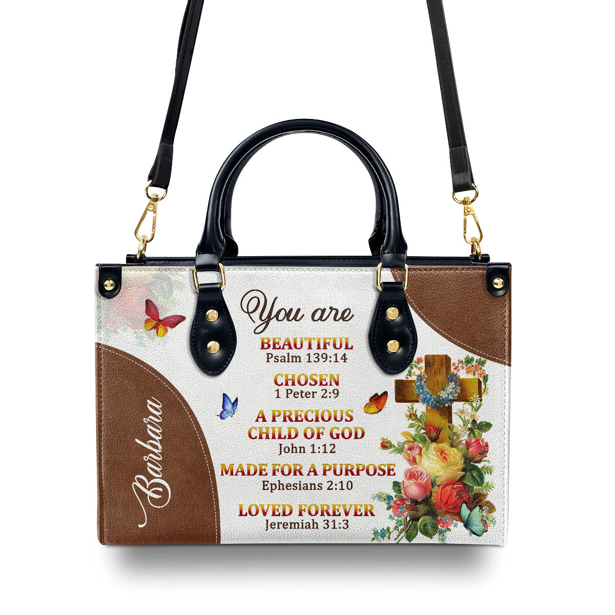 A Precious Child Of God | Unique Personalized Leather Handbag For Women | Roses And Cross LHBM705