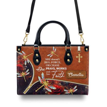 She Prays, Works, And Has Faith - Pretty Personalized Dragonfly Leather Handbag NUH274