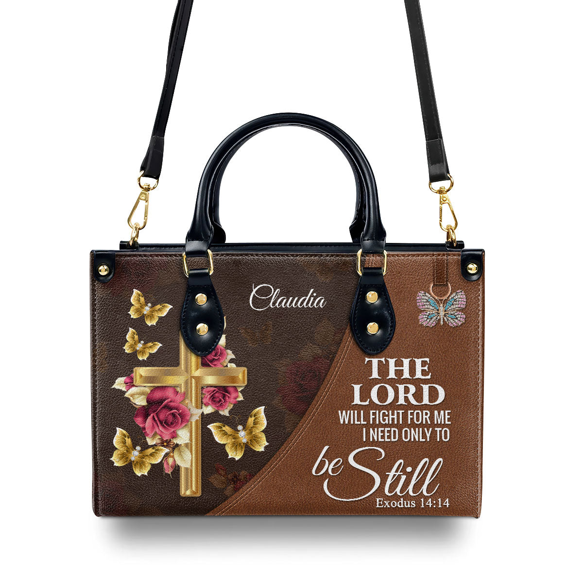 The Lord Will Fight For Me - Personalized Floral Cross Leather Handbag NUH298