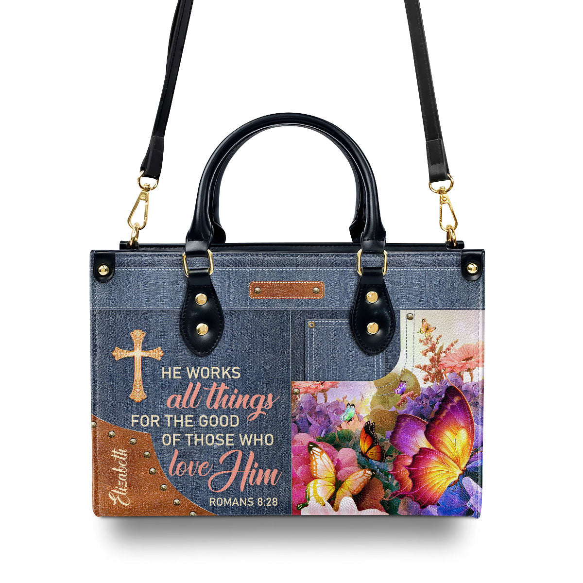 Beautiful Personalized Butterfly Leather Handbag - He Works All Things For The Good Of Those Who Love Him NUM315