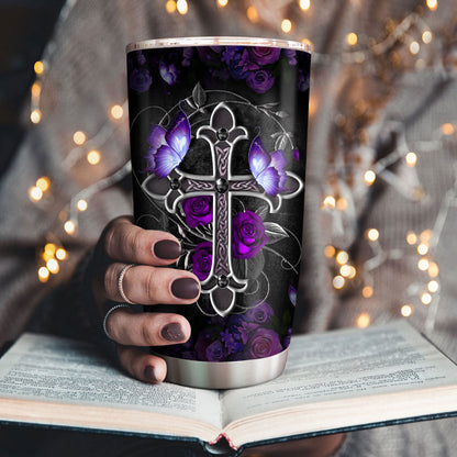 Cross Stainless Steel Tumbler 20oz | Gift For Pastors | Rose And Butterfly SSTH713