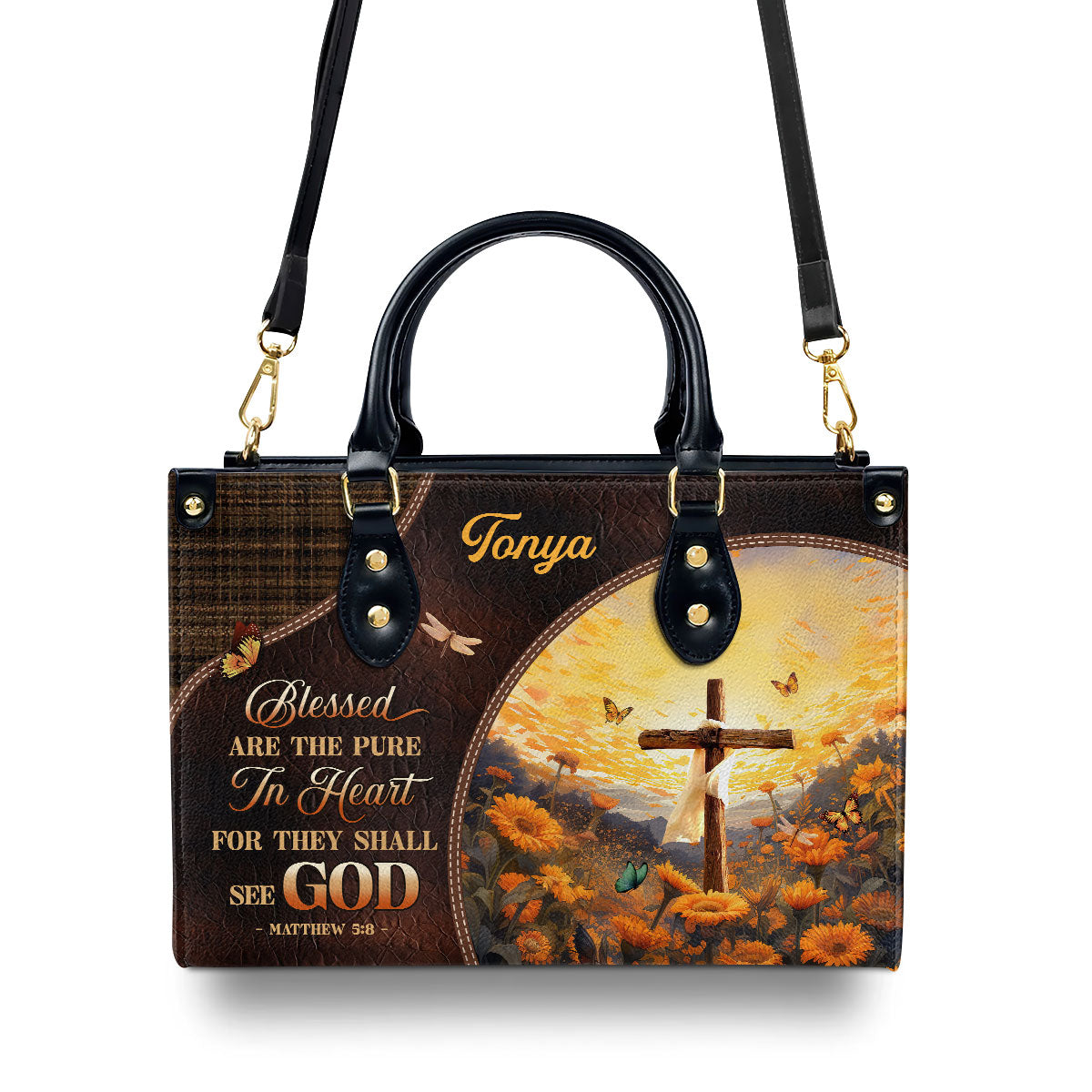 Personalized Zippered Leather Handbag With Handle | Religious Gift For Worship Friends | Blessed Are The Pure LHBM763