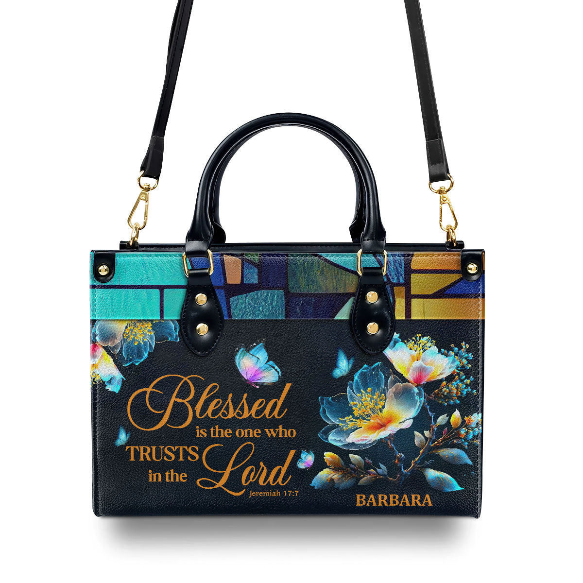 Personalized Leather Handbag With Handle | Blessed Is The One Who Trusts In The Lord | Jeremiah 17:7 | Spiritual Gift Of Faith For Women LHBHN690