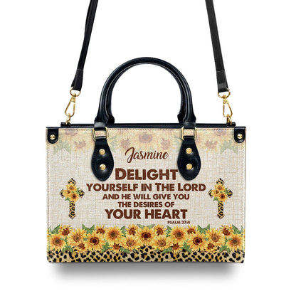 Personalized Leather Handbag With Handle | Delight Yourself In The Lord | Psalm 37:4 | Sunflower And Cross HN152