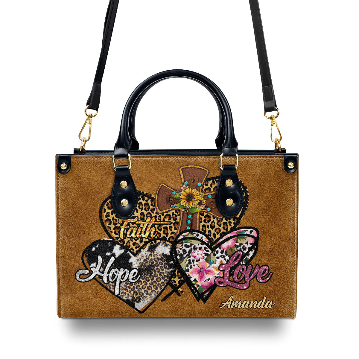 Personalized Leather Handbag With Zipper | Faith Hope Love LHBHN687