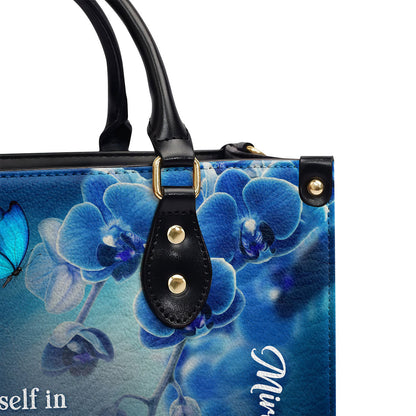 Personalized Leather Handbag | Delight Yourself In The Lord | Psalm 37:4 | Blue Orchids And Lilac H47