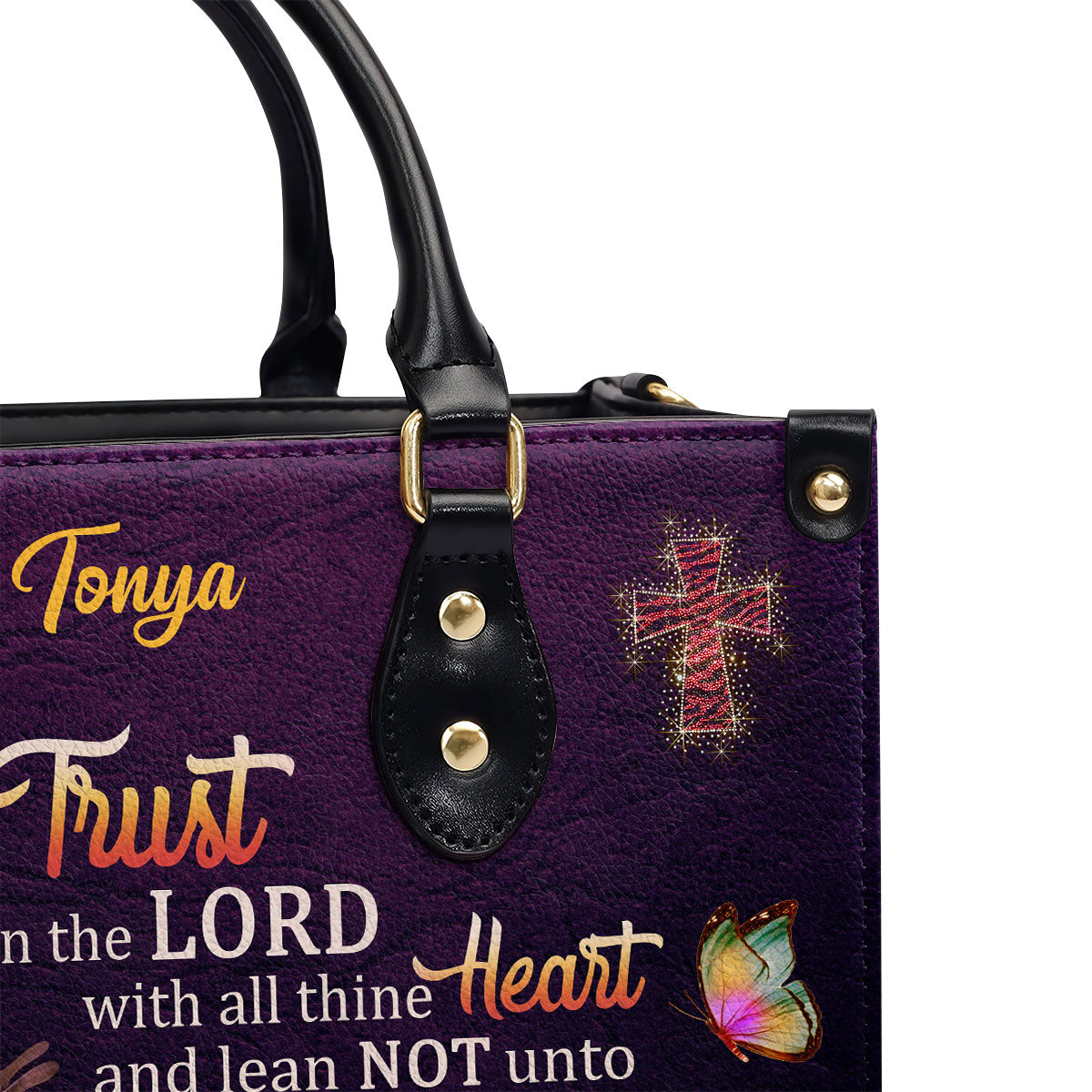 Proverbs 3:5-6 | Trust In The Lord With All Thine Heart | Flower And Cross | Personalized Leather Handbag LHBM677