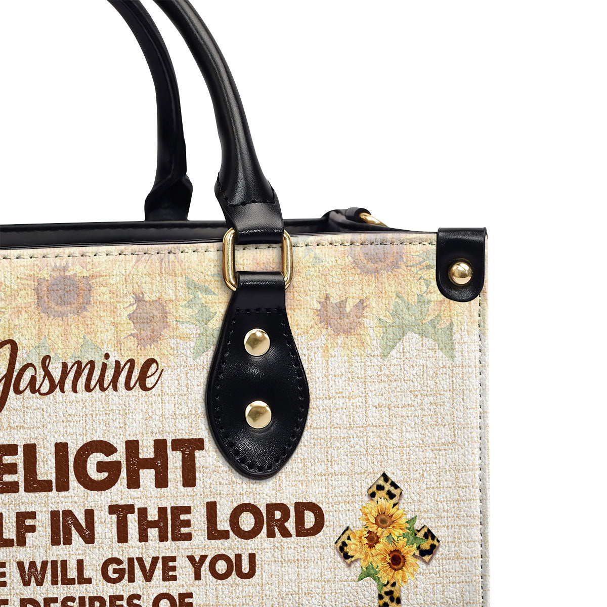 Personalized Leather Handbag With Handle | Delight Yourself In The Lord | Psalm 37:4 | Sunflower And Cross HN152