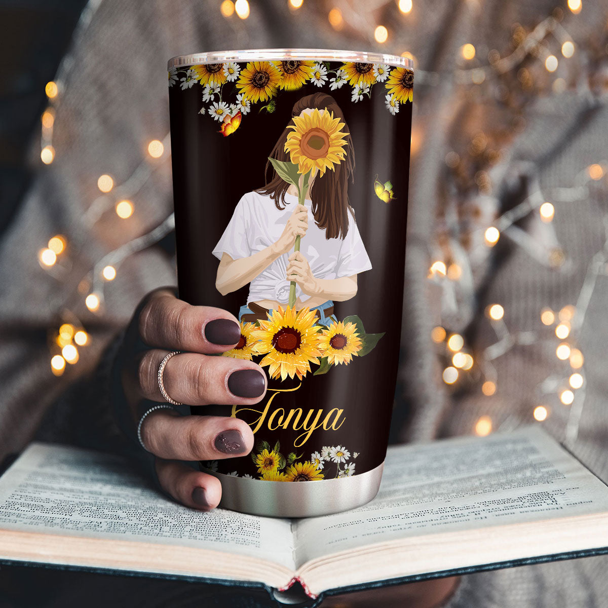 Personalized Stainless Steel Tumbler 20oz | Sunflower And Butterfly | I'm Blunt Because God Rolled Me That Way TM1