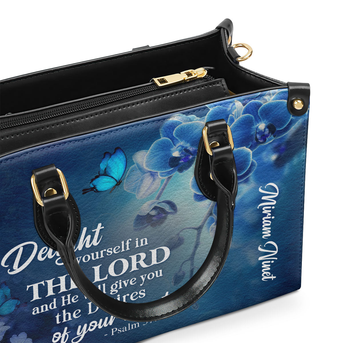 Personalized Leather Handbag | Delight Yourself In The Lord | Psalm 37:4 | Blue Orchids And Lilac H47