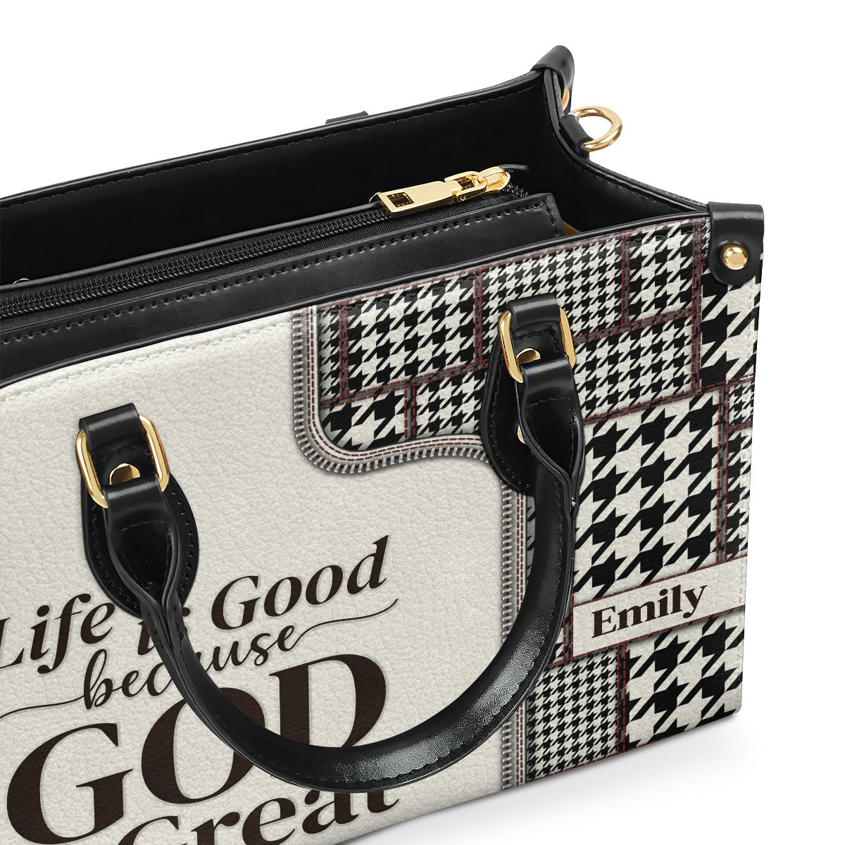 Life Is Good Because God Is Great - Black And White Christian Leather Handbag HIHN274