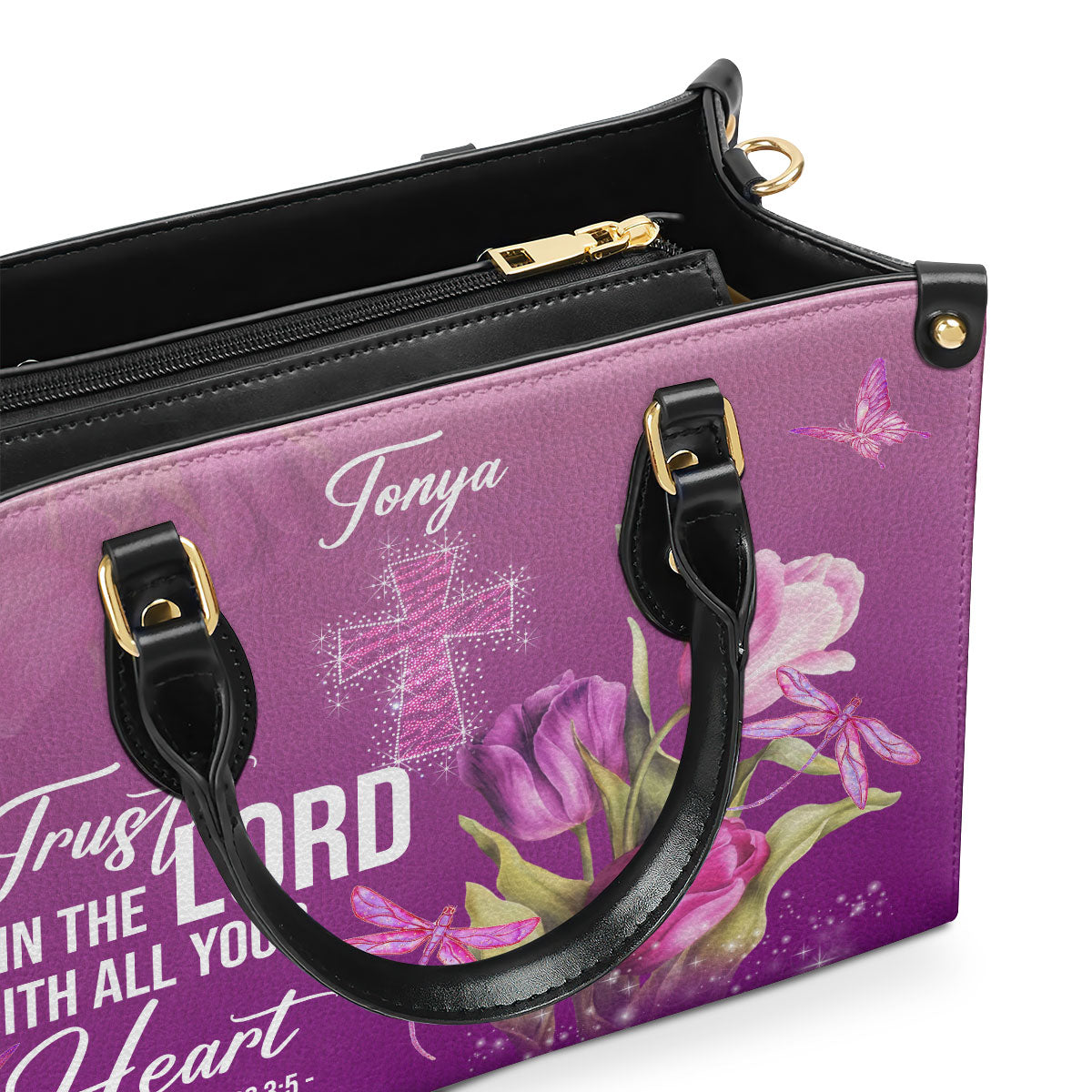 Personalized Purple Leather Handbag | Trust In The Lord With All Your Heart | Proverbs 3:5 | Tulip And Cross LHBM602