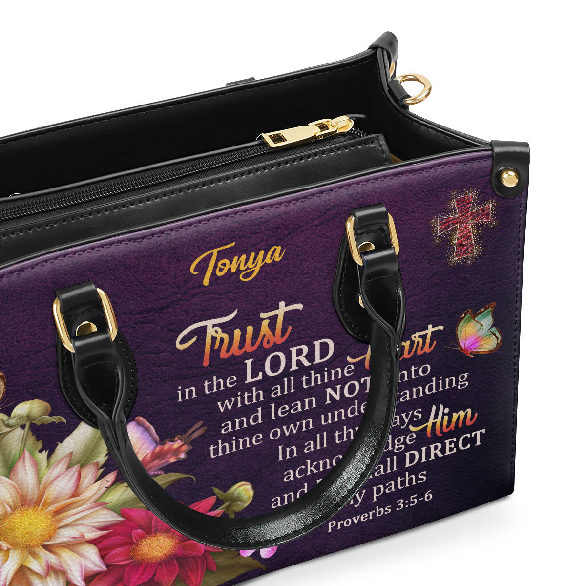 Proverbs 3:5-6 | Trust In The Lord With All Thine Heart | Flower And Cross | Personalized Leather Handbag LHBM677