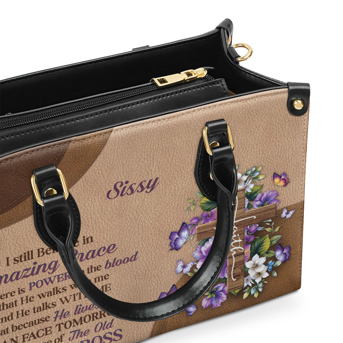 Stunning Personalized Floral Cross Leather Handbag - I Still Believe In Amazing Grace NUH269